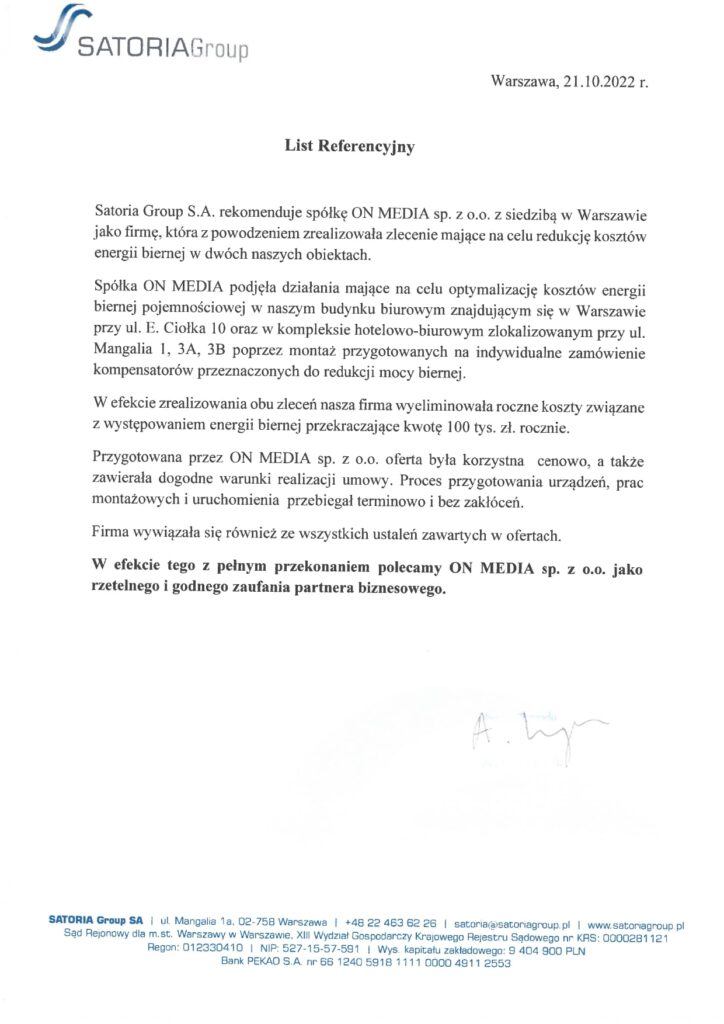 List referencyjny Satoria Group