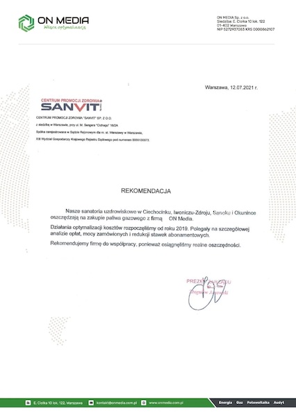 Rekomendacja — Sanvit dla On Media