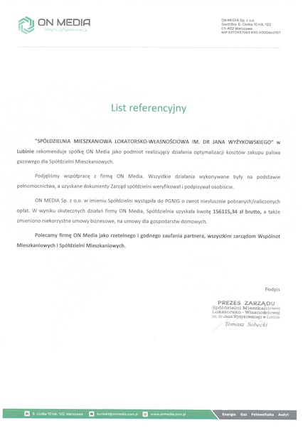 Rekomendacja dla On Media SM LM IM. DR. JANA WYŻYKOWSKIEGO