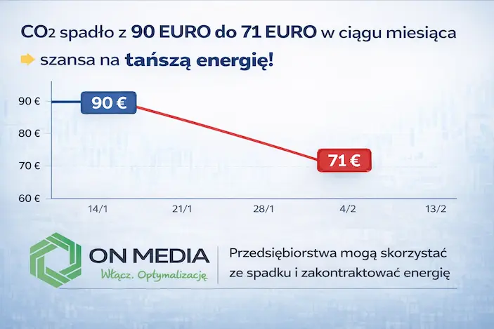 „Spadek cen uprawnień do emisji CO2 z 90 euro do 71 euro w okresie 14.01–13.02 a wpływ na cenę prądu dla firm”